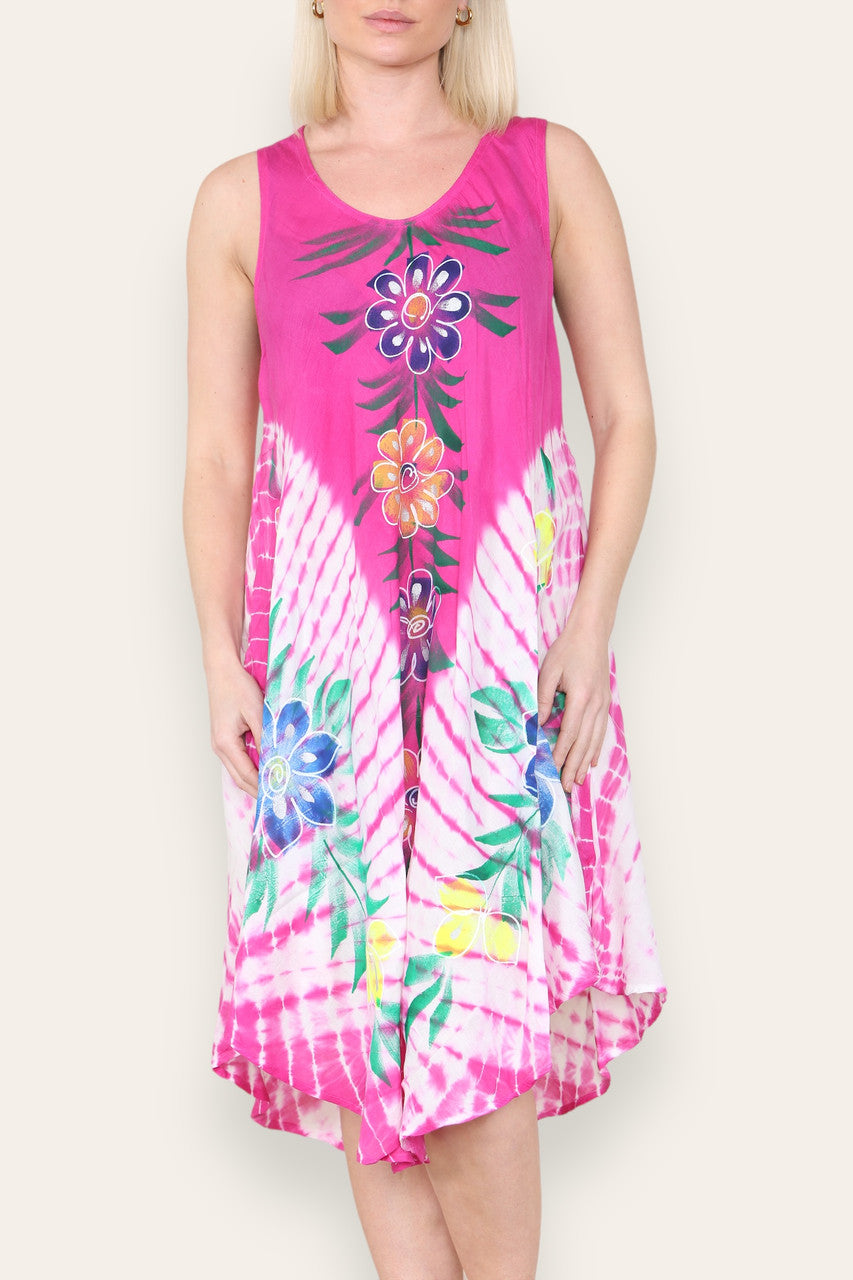 JURK ZONDER MOUWEN MET BLOEMENPRINT EN PARAPLUROK CERISE