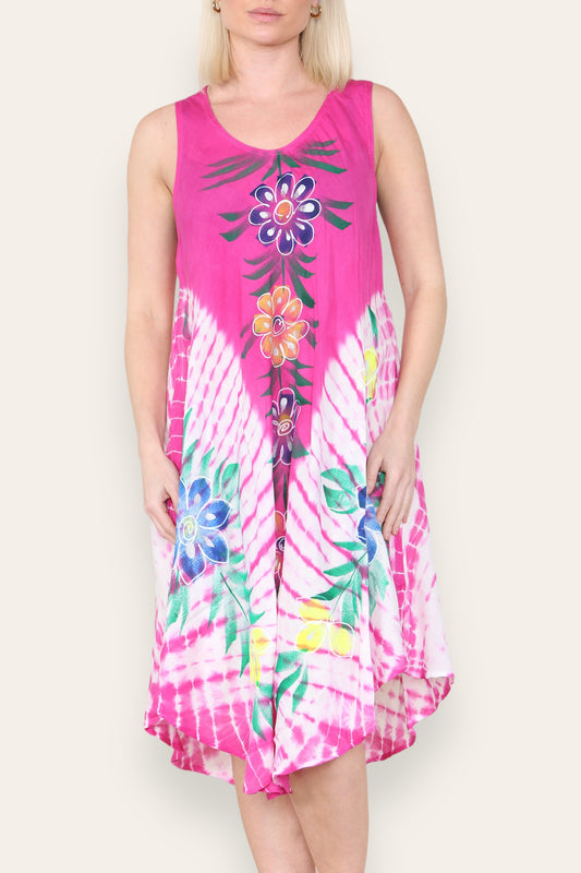 FLORAL PRINT SLEEVELESS UMBRELLA DRESS CERISE
