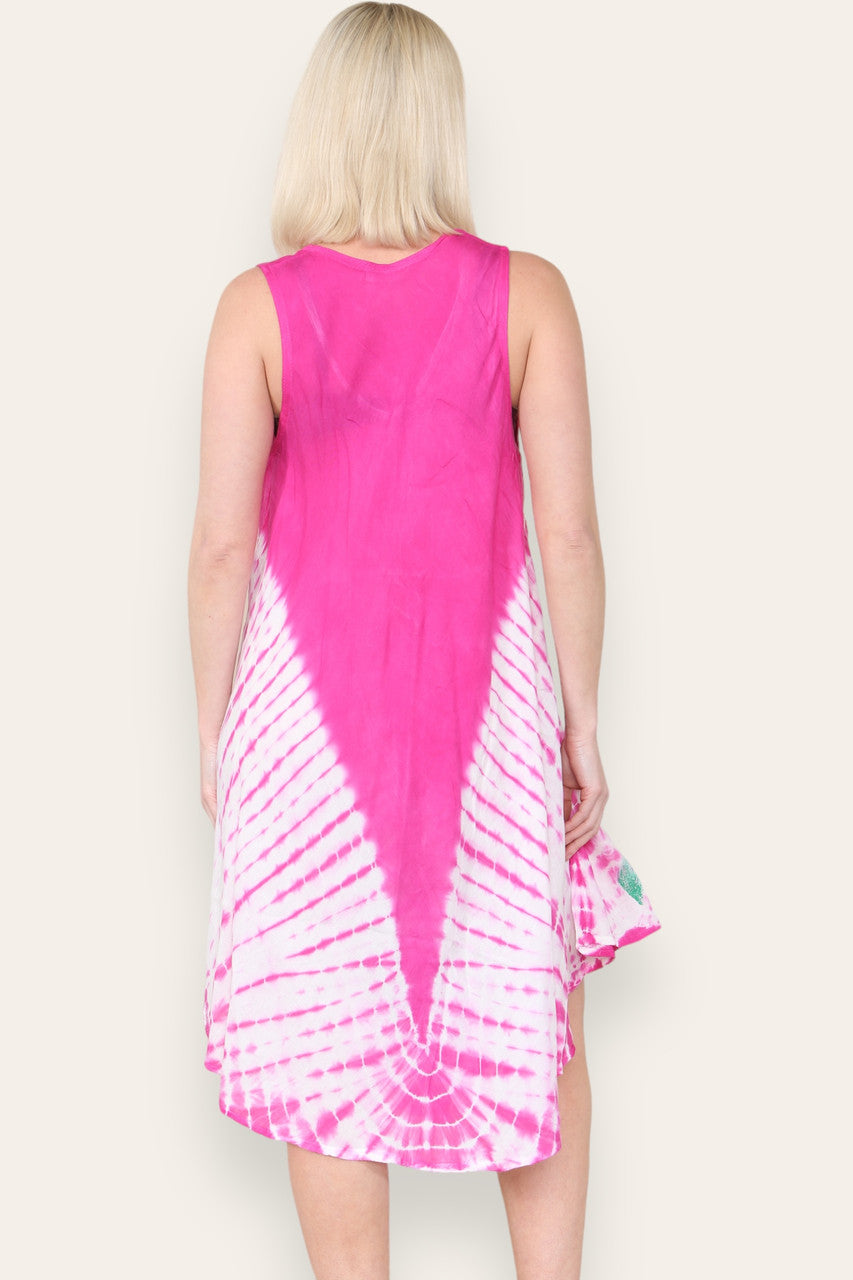 JURK ZONDER MOUWEN MET BLOEMENPRINT EN PARAPLUROK CERISE