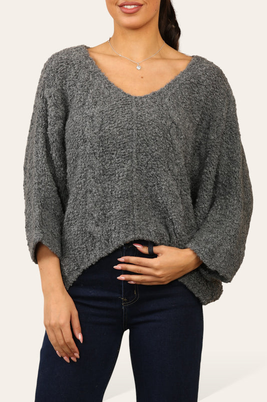 BOUCLE KNITTED SOFT FLUFFY JUMPER CHARCOAL