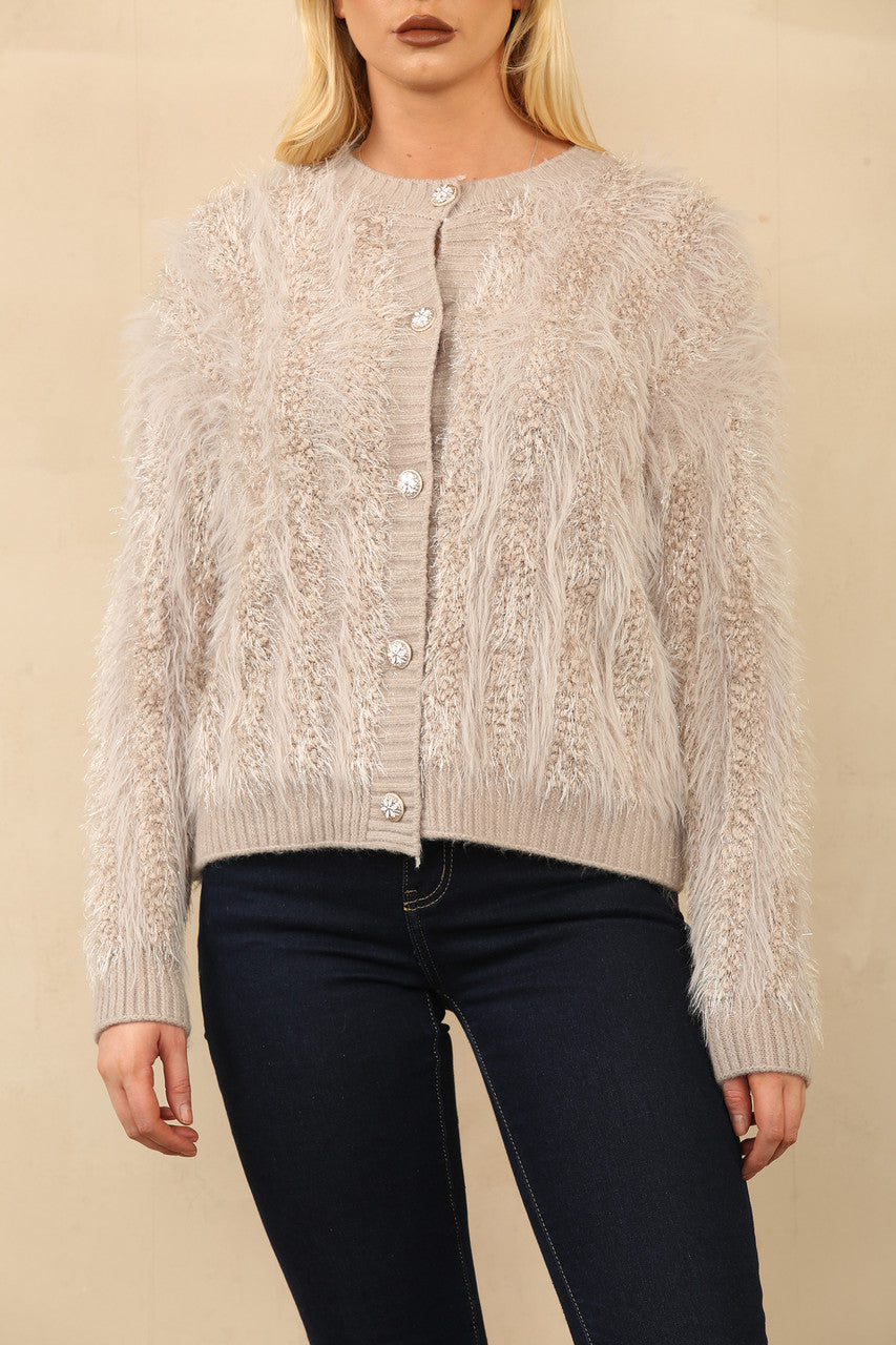 PLUCHE GEBREID VEST MET KNOPEN TAUPE