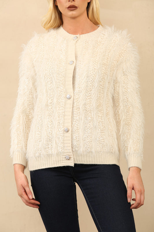 FLUFFY KNITTED BUTTON UP CARDIGAN JUMPER BEIGE