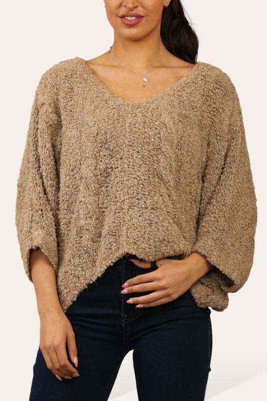 BOUCLE KNITTED SOFT FLUFFY JUMPER TAN