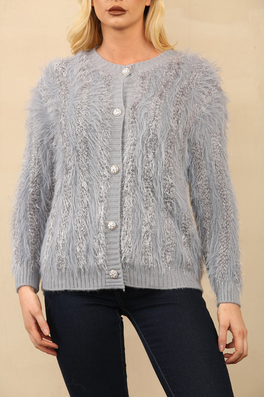 FLUFFY KNITTED BUTTON UP CARDIGAN JUMPER GREY