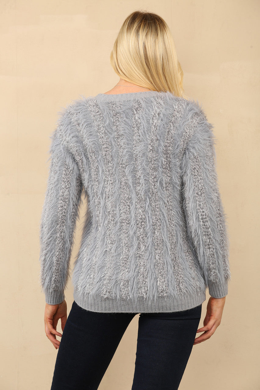 PLUIZIGE GEBREIDE CARDIGAN MET KNOPEN GRIJS