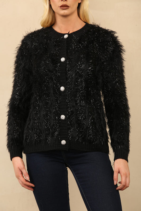 FLUFFY KNITTED BUTTON UP CARDIGAN JUMPER BLACK