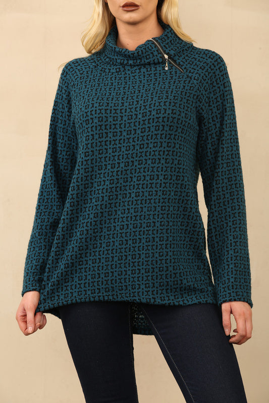 BEDRUKTE GEBREIDE TRUI MET RITS HALS TEAL