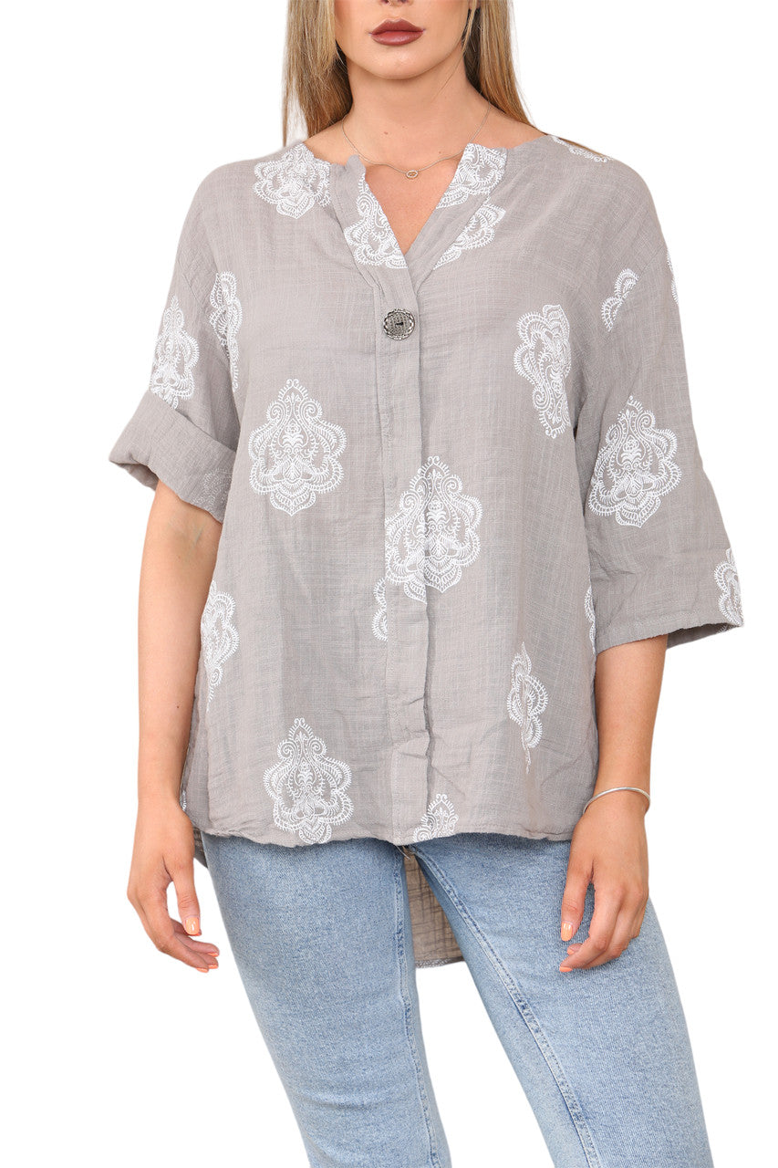 Ladies Paisley Ornamento Print Grandad Collar Top Taupe