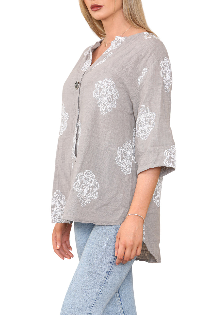 Ladies Paisley Ornamento Print Grandad Collar Top Taupe