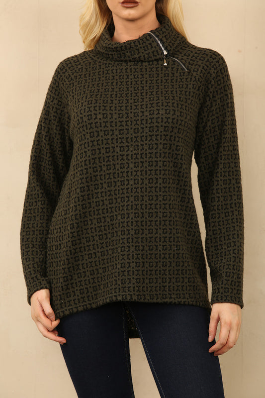 GEBREIDE TRUI MET RITS EN PRINT KHAKI