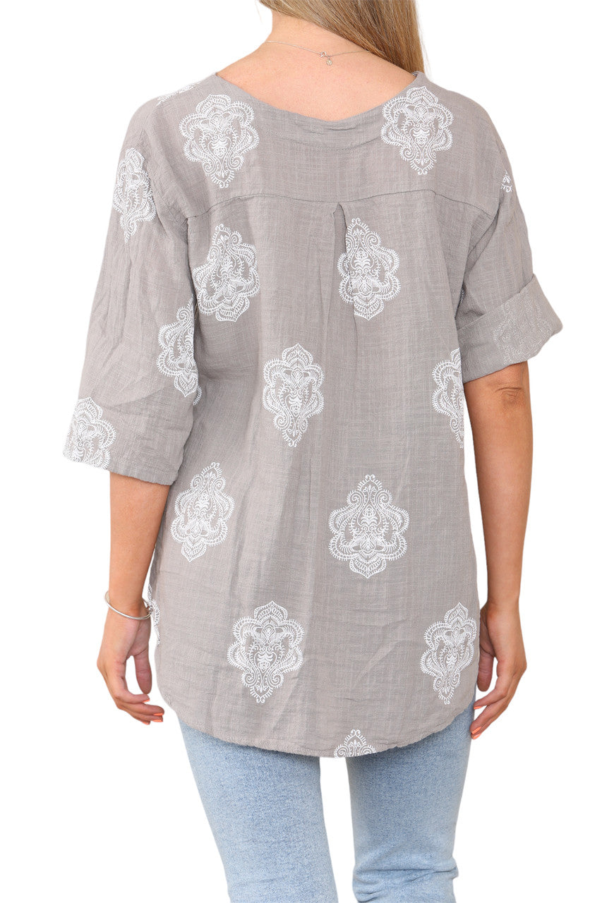 Ladies Paisley Ornamento Print Grandad Collar Top Taupe