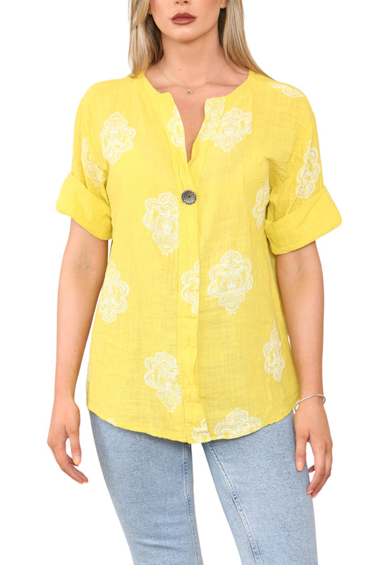Ladies Paisley Ornamento Print Grandad Collar Top Yellow