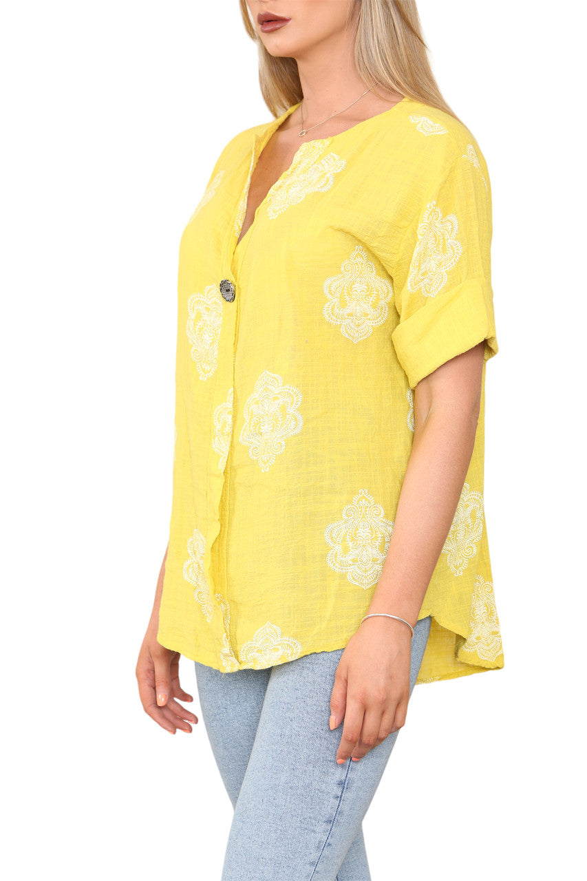 Ladies Paisley Ornamento Print Grandad Collar Top Yellow
