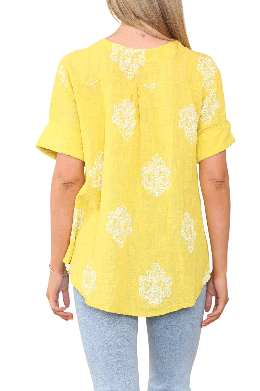 Ladies Paisley Ornamento Print Grandad Collar Top Yellow