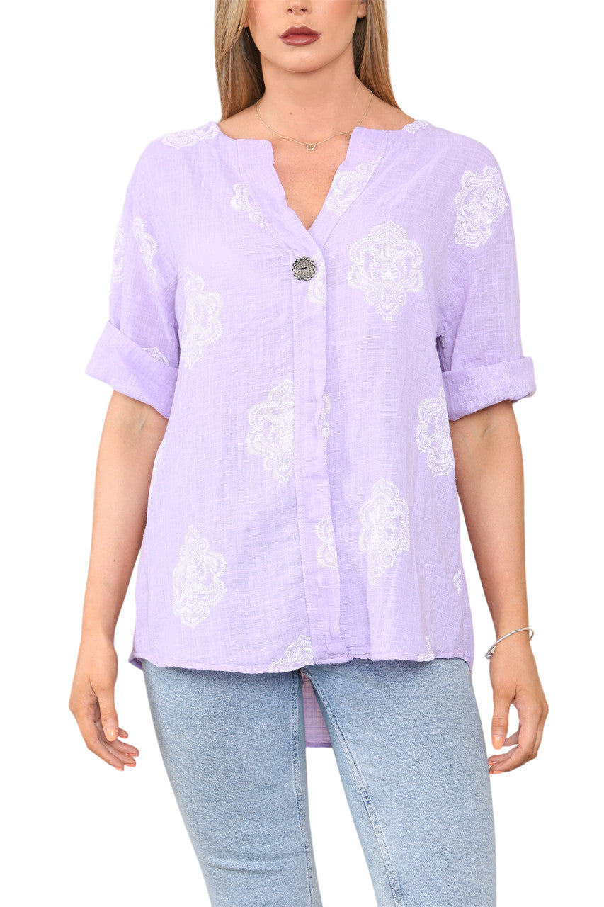 Ladies Paisley Ornamento Print Grandad Collar Top Lilac