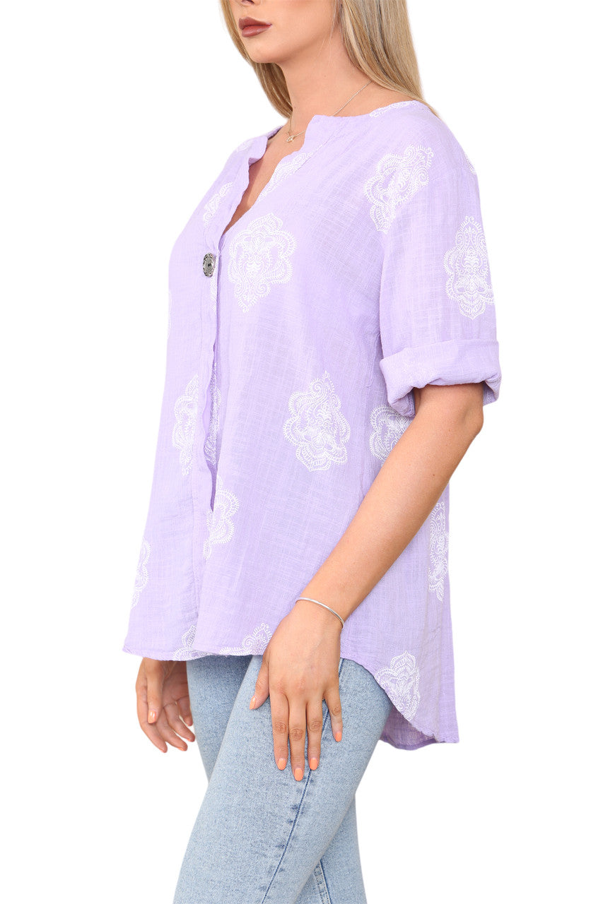 Ladies Paisley Ornamento Print Grandad Collar Top Lilac