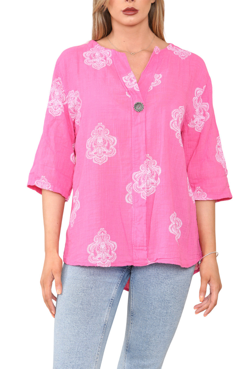 Ladies Paisley Ornamento Print Grandad Collar Top Cerise