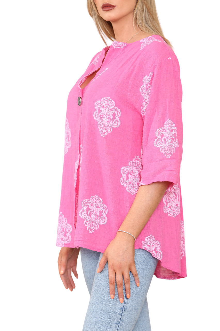Ladies Paisley Ornamento Print Grandad Collar Top Cerise