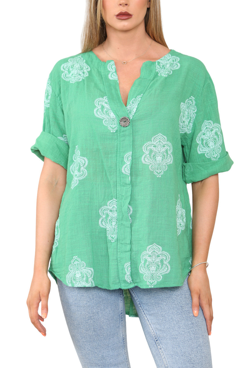 Ladies Paisley Ornamento Print Grandad Collar Top Green