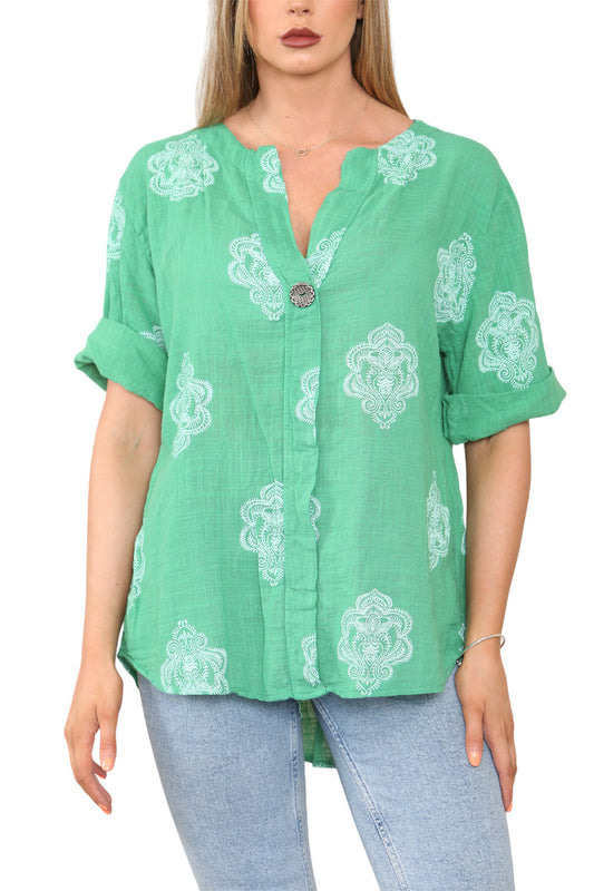 Ladies Paisley Ornamento Print Grandad Collar Top Green