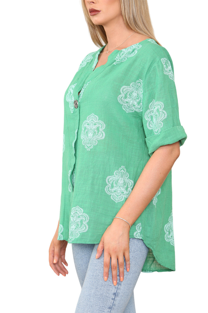 Ladies Paisley Ornamento Print Grandad Collar Top Green