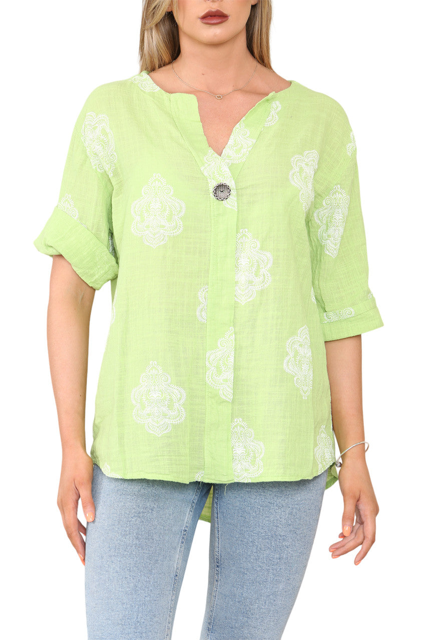 Dames Paisley Ornamentprint Grandad Kraag Top Limoen