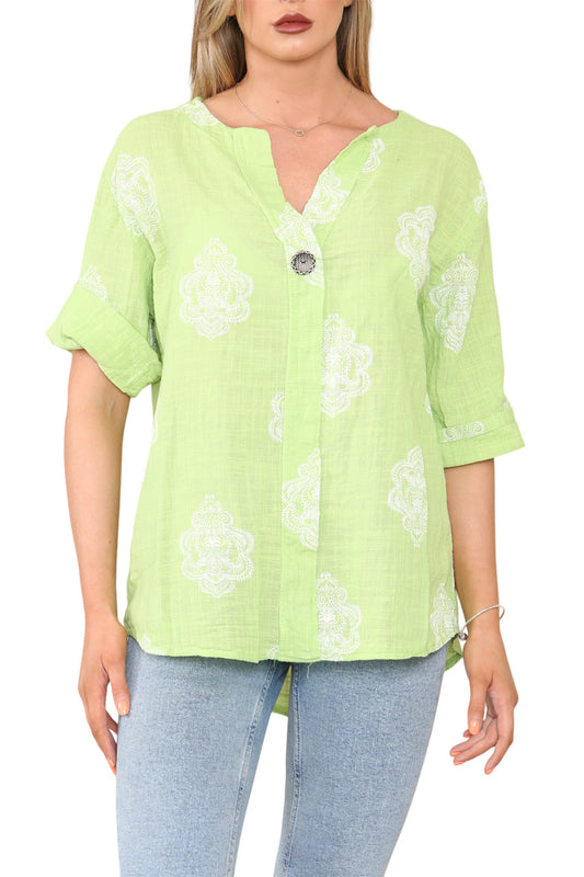 Ladies Paisley Ornamento Print Grandad Collar Top Lime