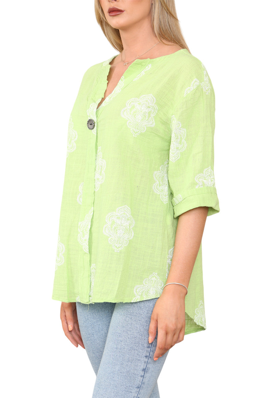 Dames Paisley Ornamentprint Grandad Kraag Top Limoen