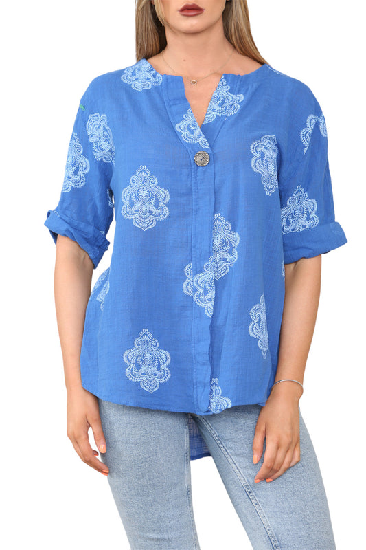 Ladies Paisley Ornamento Print Grandad Collar Top Royal Blue