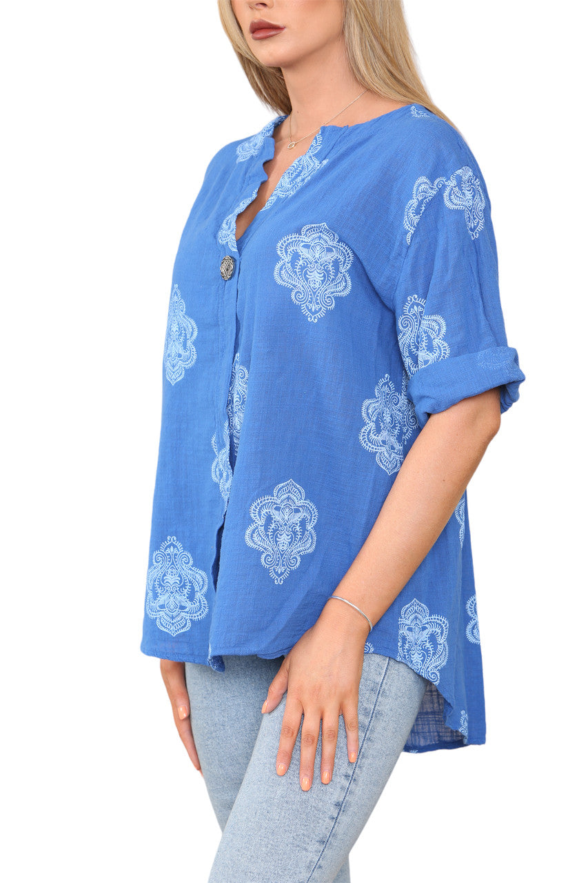 Ladies Paisley Ornamento Print Grandad Collar Top Royal Blue