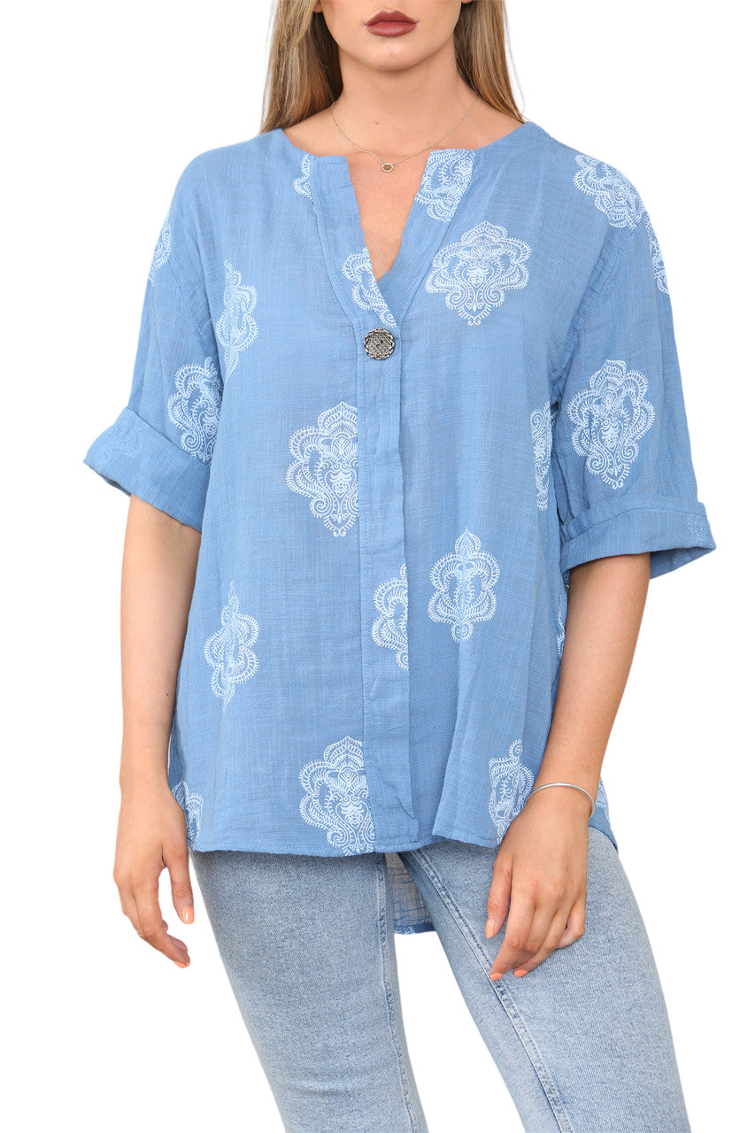 Ladies Paisley Ornamento Print Grandad Collar Top Denim
