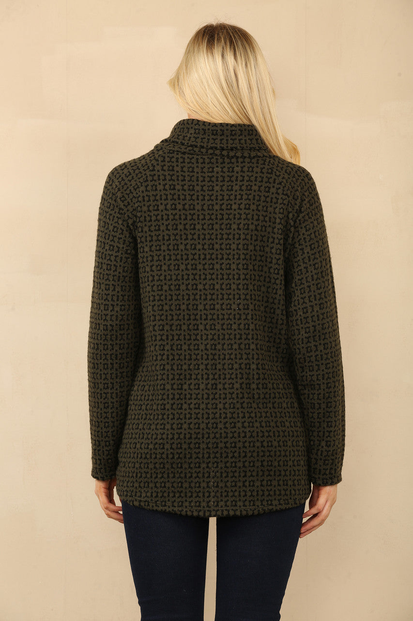 GEBREIDE TRUI MET RITS EN PRINT KHAKI