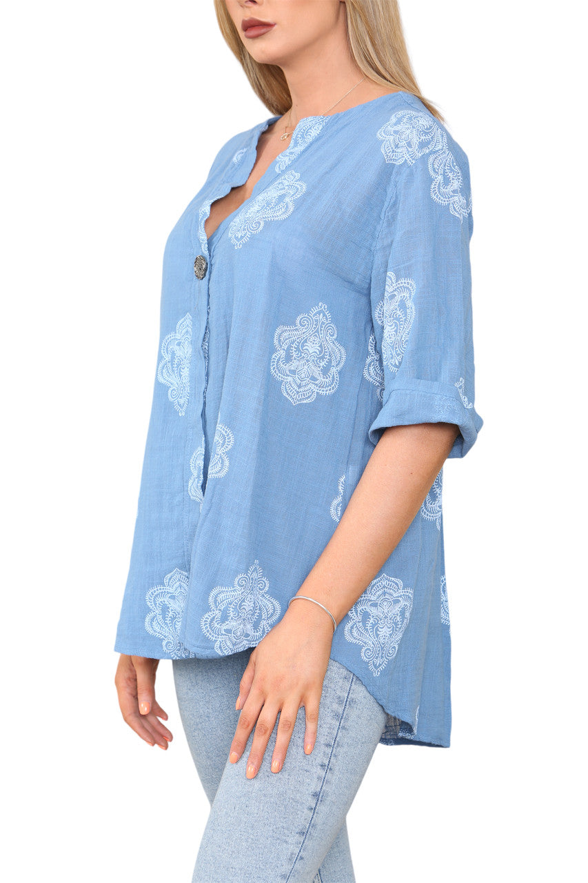 Ladies Paisley Ornamento Print Grandad Collar Top Denim