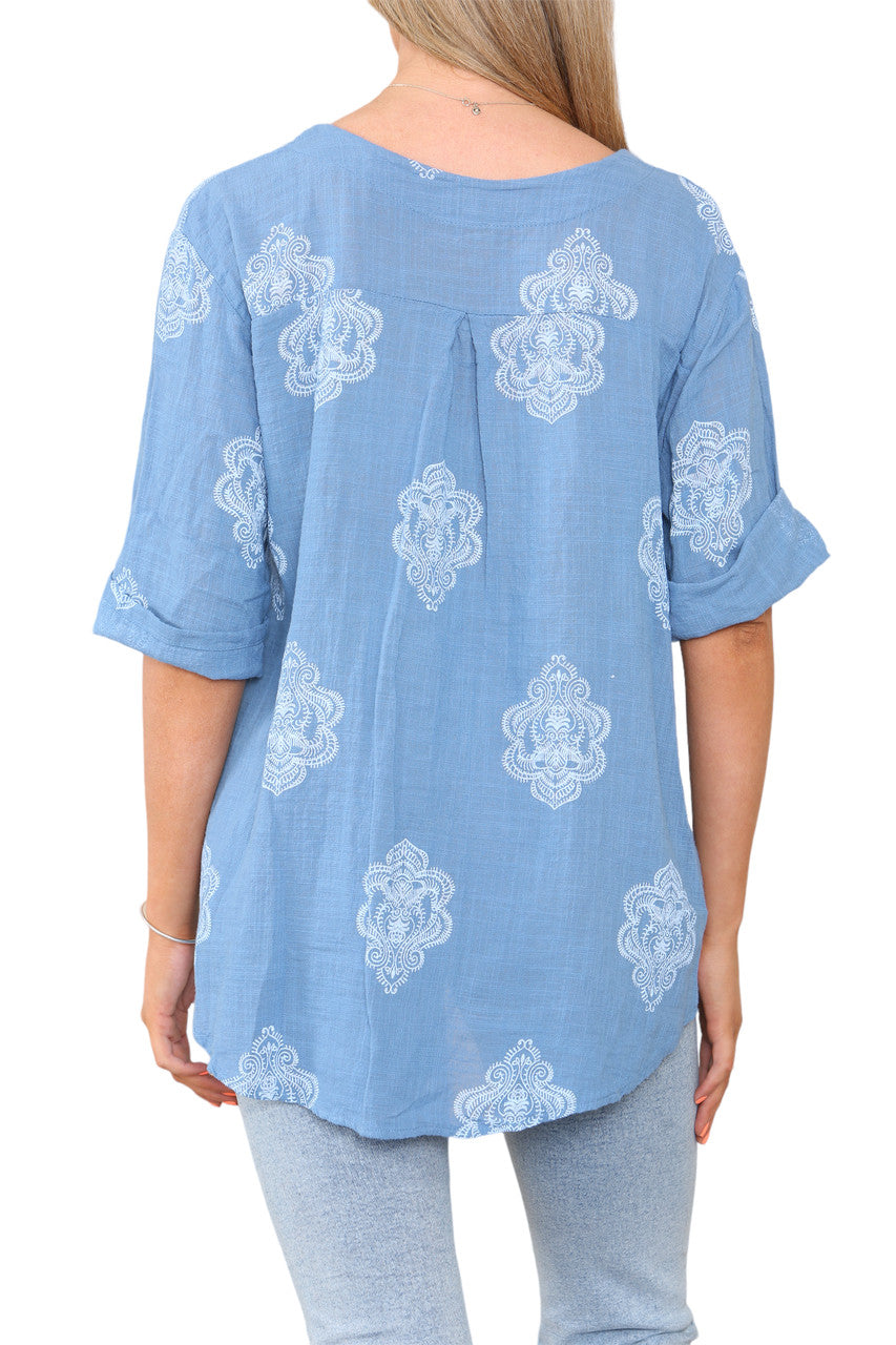 Ladies Paisley Ornamento Print Grandad Collar Top Denim