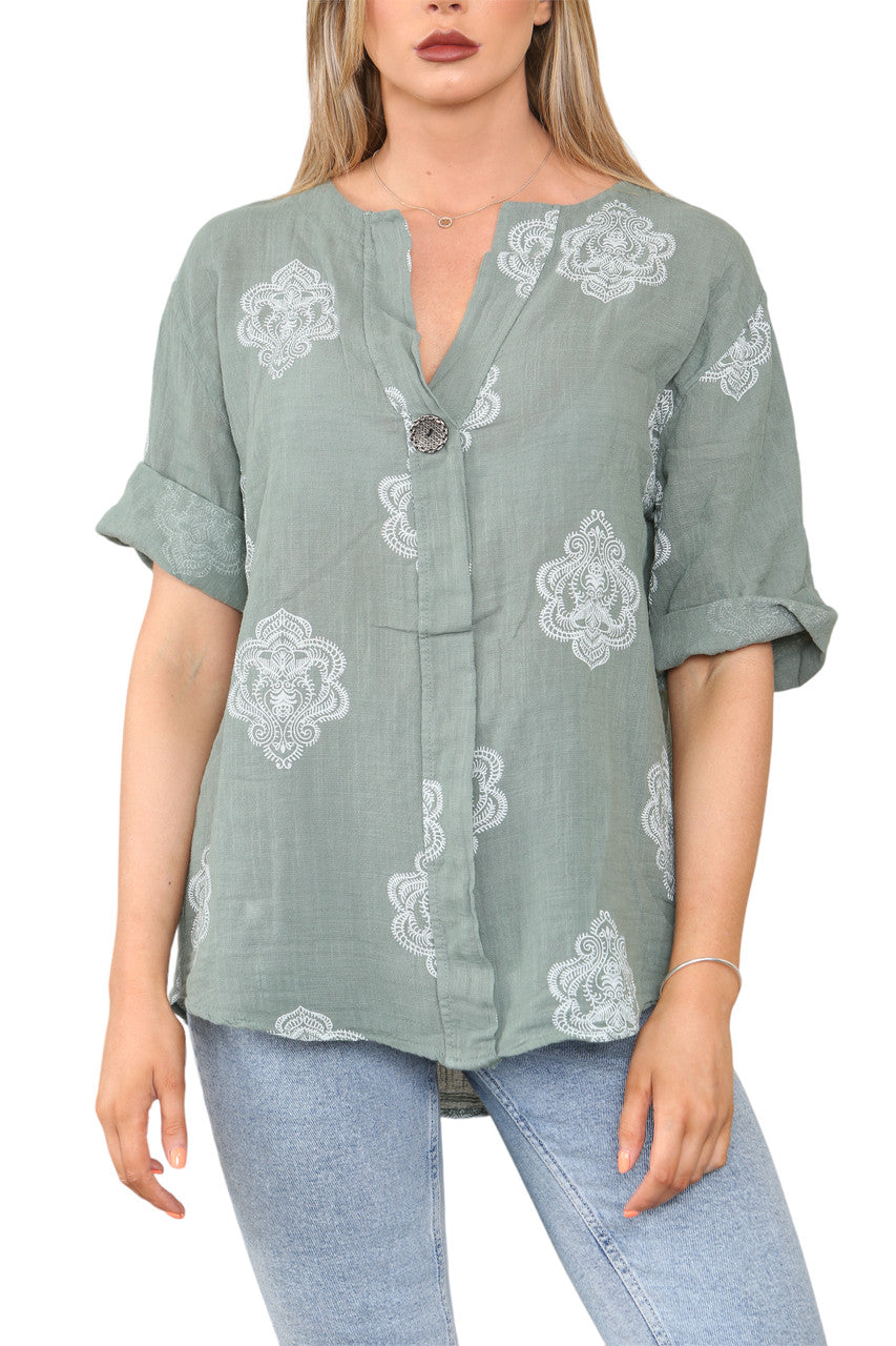 Ladies Paisley Ornamento Print Grandad Collar Top Khaki