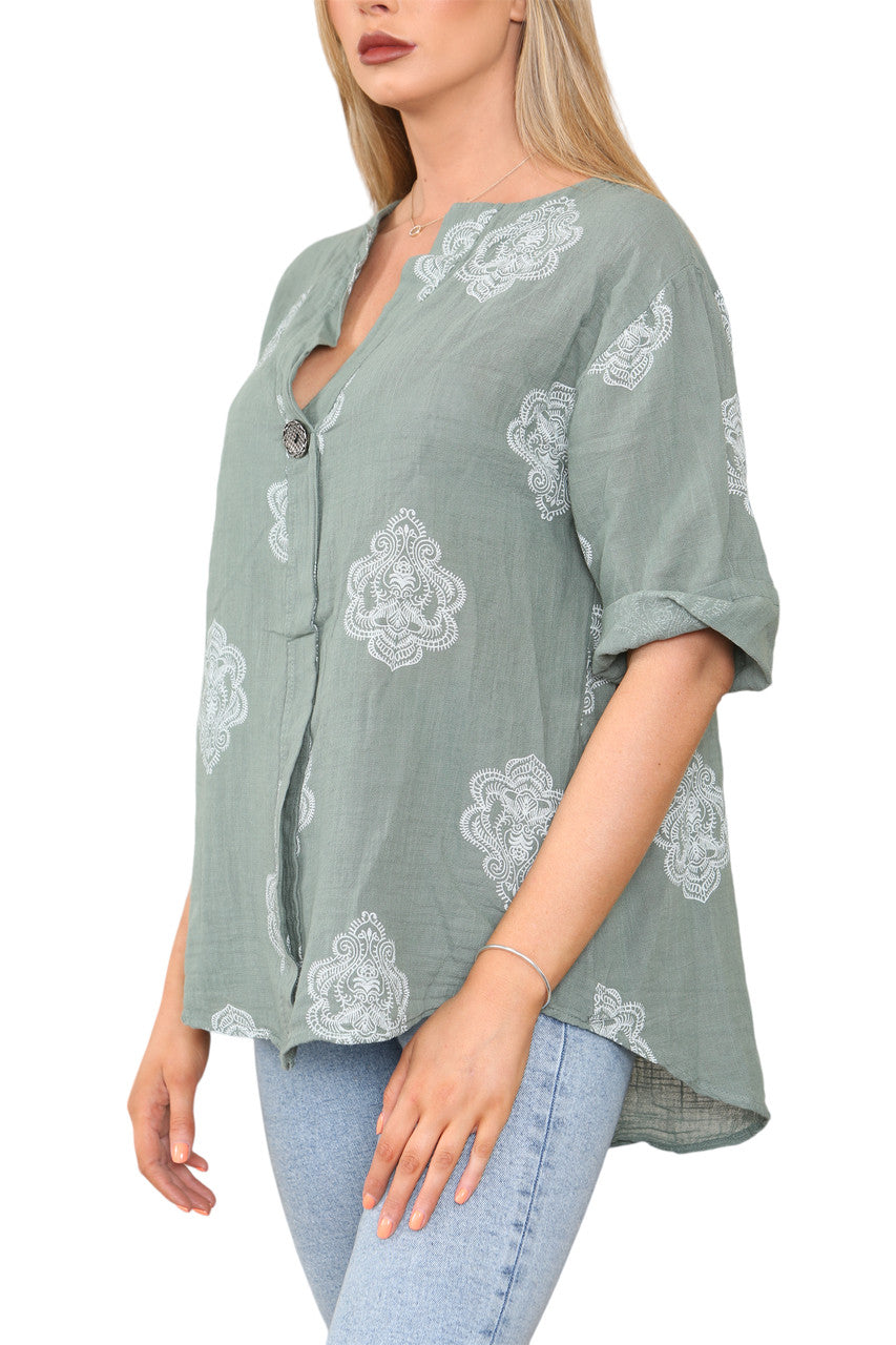 Ladies Paisley Ornamento Print Grandad Collar Top Khaki