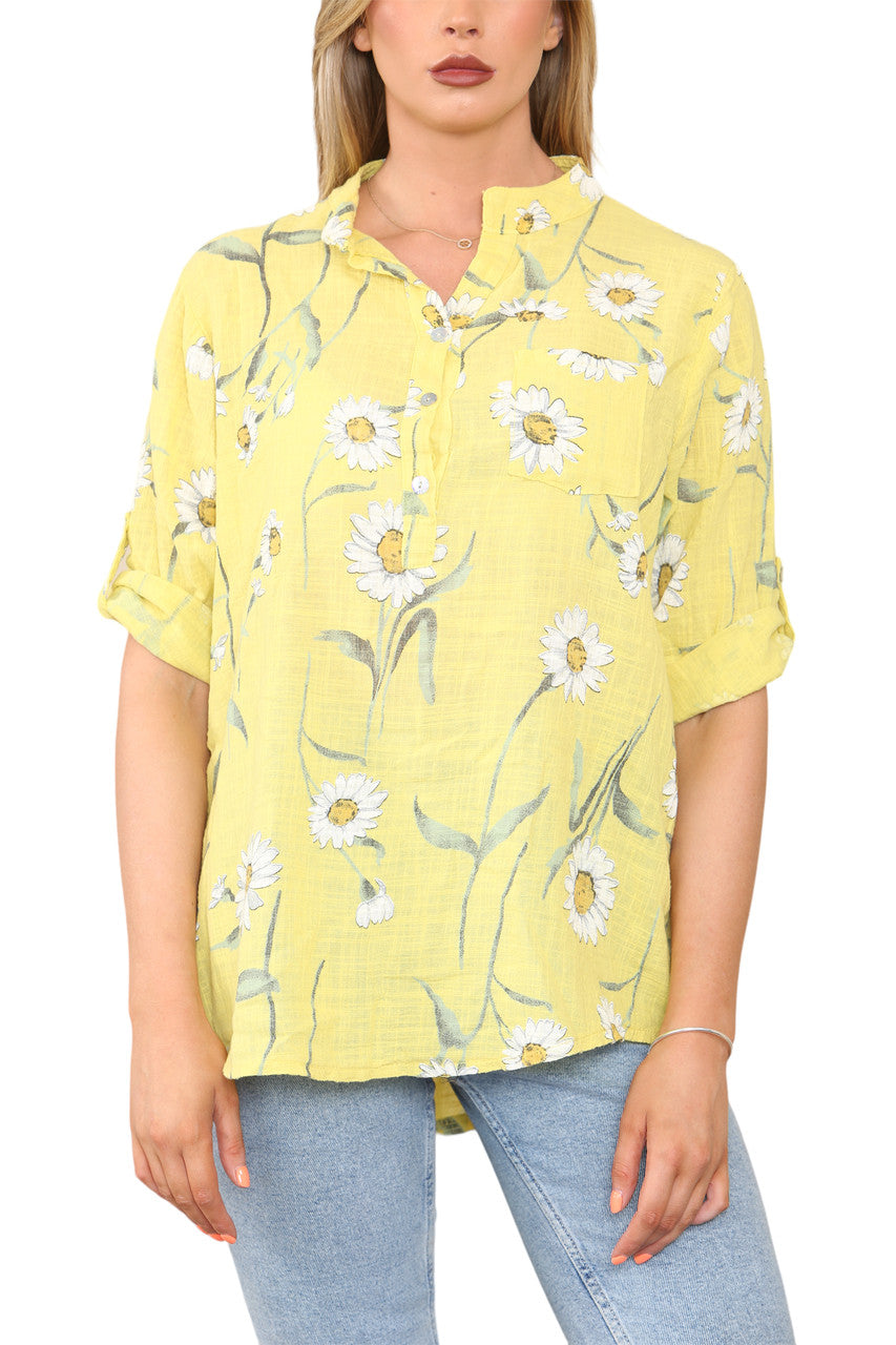 DAISY FLORAL MIX GRANDAD SHIRT BLOUSE LEMON