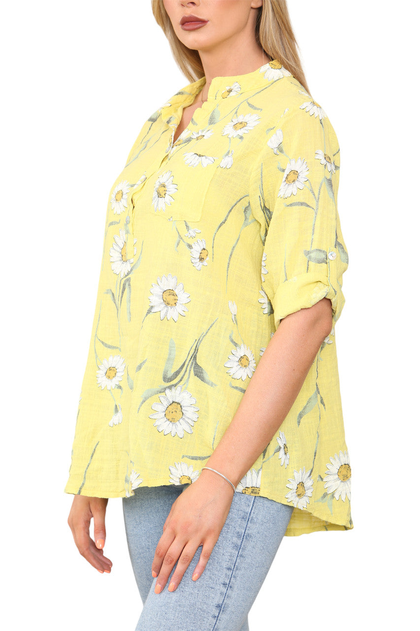 DAISY FLORAL MIX GRANDAD SHIRT BLOUSE LEMON