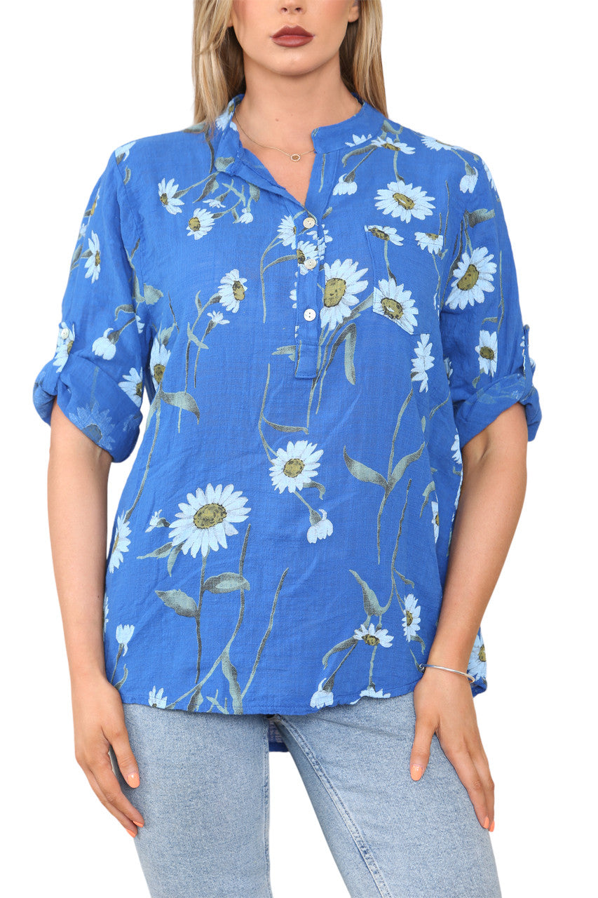 DAISY FLORAL MIX GRANDAD OVERHEMD BLOUSE KONINGSBLAUW