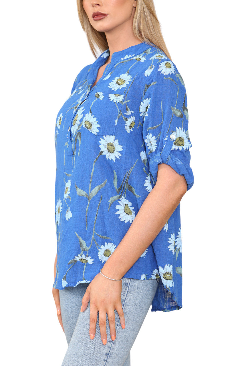 DAISY FLORAL MIX GRANDAD OVERHEMD BLOUSE KONINGSBLAUW