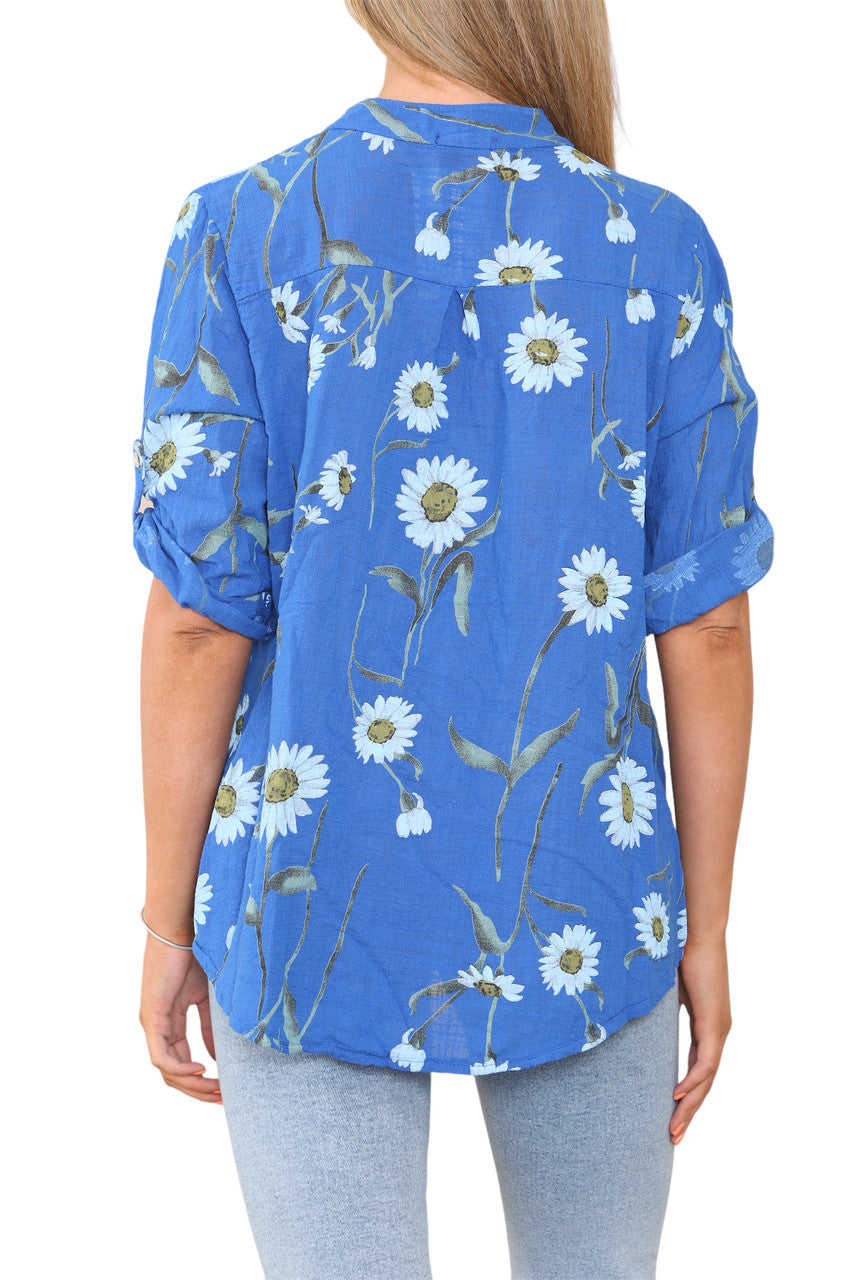 DAISY FLORAL MIX GRANDAD OVERHEMD BLOUSE KONINGSBLAUW