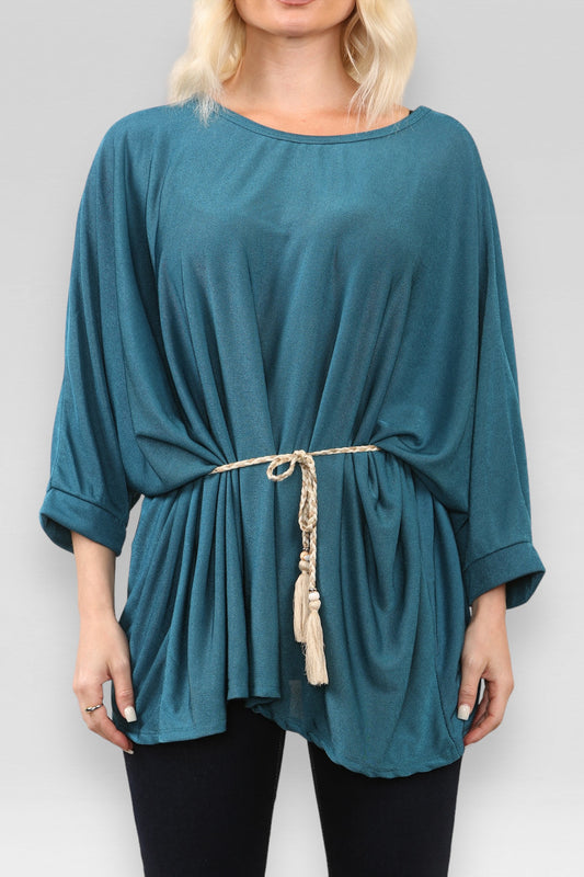 BATWING TOP WITH ROPE TIE BELT/NECKLACE TEAL
