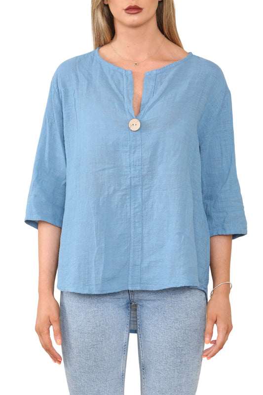 PLAIN GRANDAD COLLAR BUTTON FRONT TOP DENIM