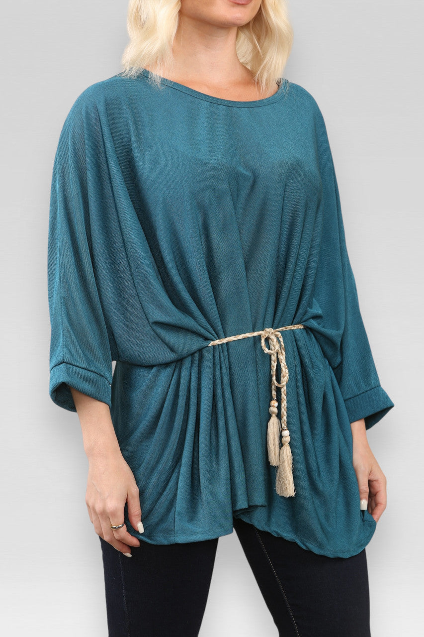 BATWINGTOP MET TOUWKNOOPRIEM/KETTING GROENBLAUW