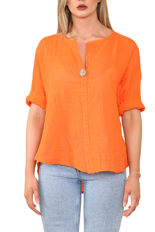 Ladies Plain Grandad Collar Button Front Top Orange