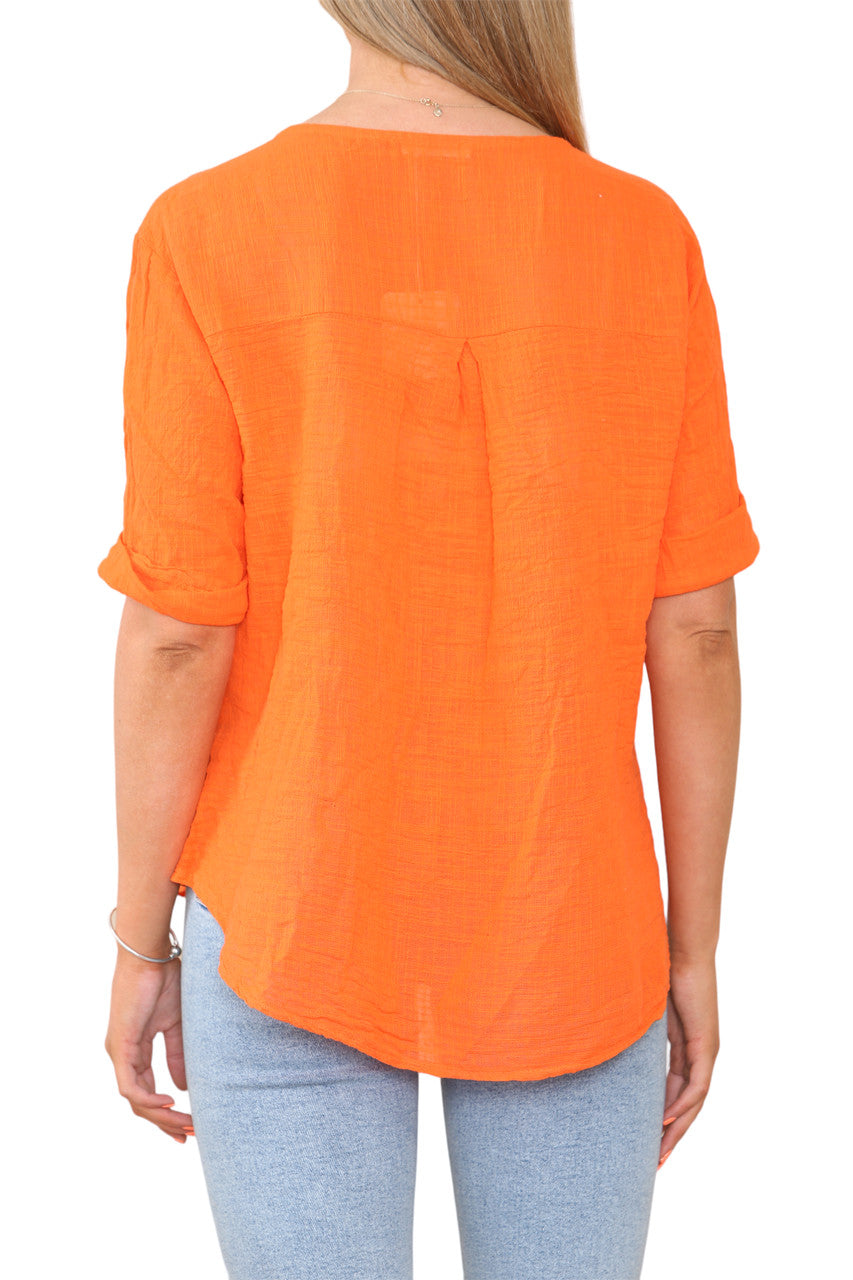 Ladies Plain Grandad Collar Button Front Top Orange