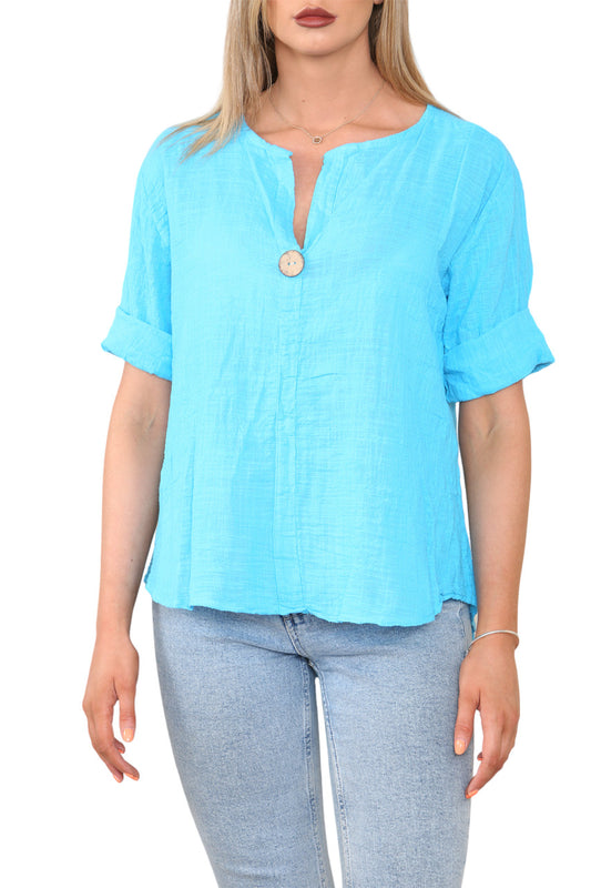Ladies Plain Grandad Collar Button Front Top Turquoise