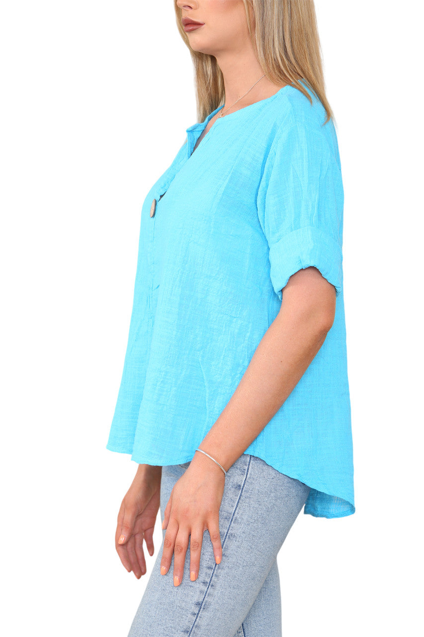 Ladies Plain Grandad Collar Button Front Top Turquoise