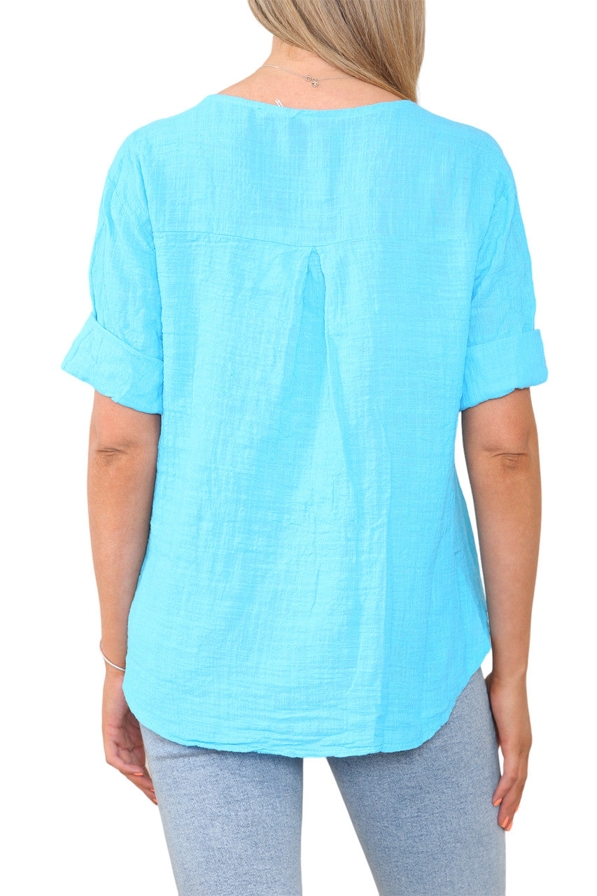 Ladies Plain Grandad Collar Button Front Top Turquoise