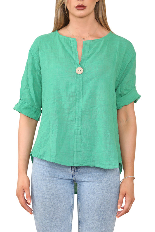 PLAIN GRANDAD COLLAR BUTTON FRONT TOP GREEN